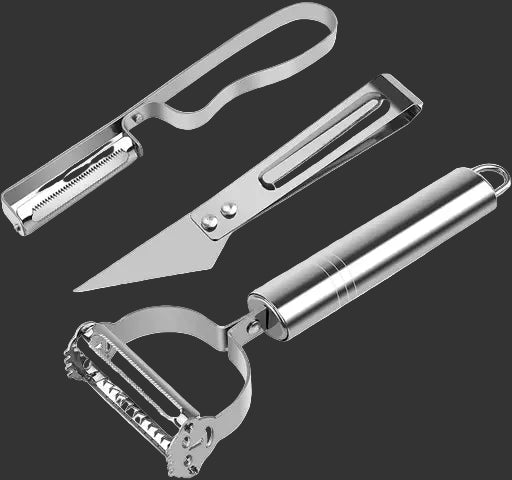 Set of three metal kitchen utensils on a white background