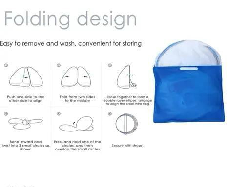 Instructions for folding a blue bag with text on a white background