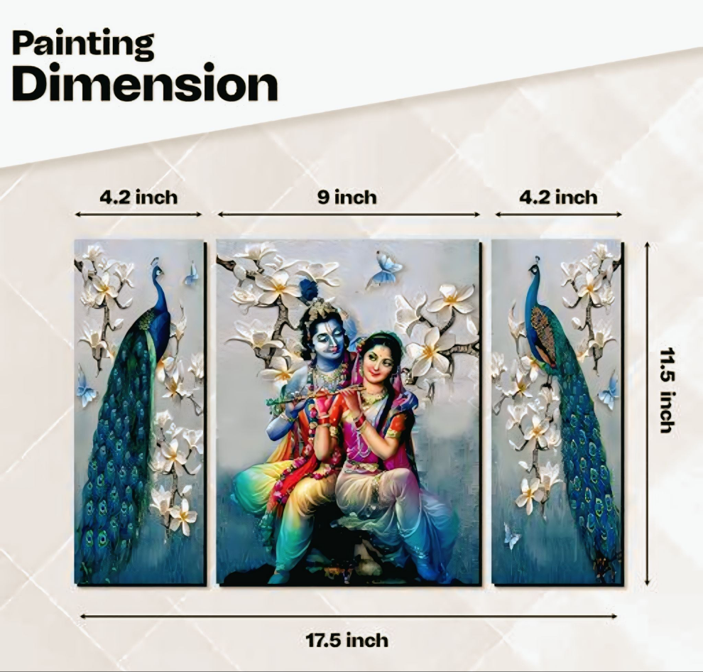 (Set of 3) Radha Krishna with Couple Peacock UV Textured Home Decorative Gift Item Self Adeshive Painting 18 Inch X 12 Inch