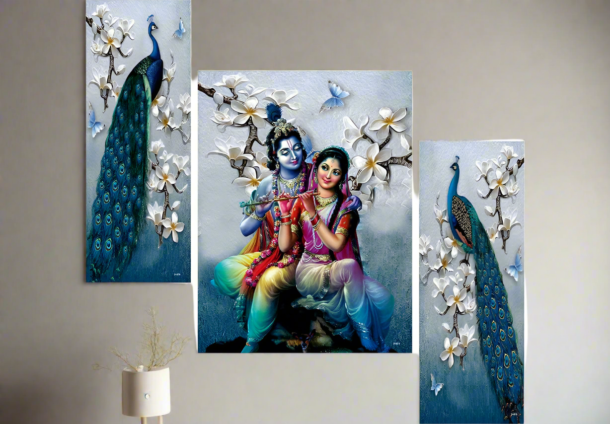 (Set of 3) Radha Krishna with Couple Peacock UV Textured Home Decorative Gift Item Self Adeshive Painting 18 Inch X 12 Inch