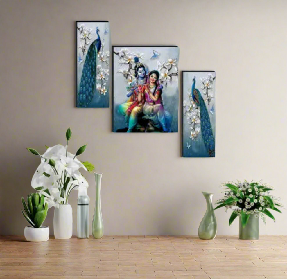 (Set of 3) Radha Krishna with Couple Peacock UV Textured Home Decorative Gift Item Self Adeshive Painting 18 Inch X 12 Inch