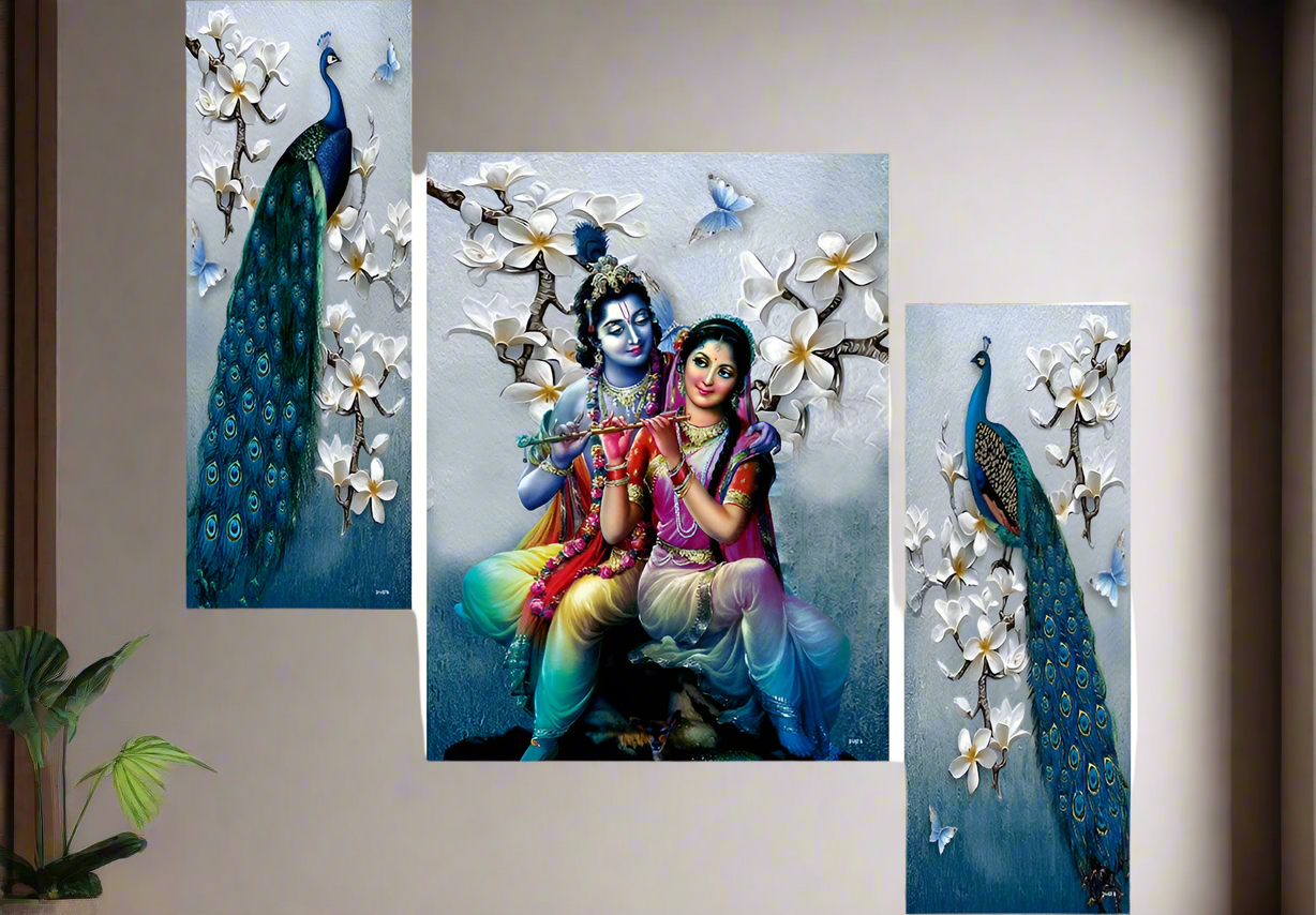 (Set of 3) Radha Krishna with Couple Peacock UV Textured Home Decorative Gift Item Self Adeshive Painting 18 Inch X 12 Inch