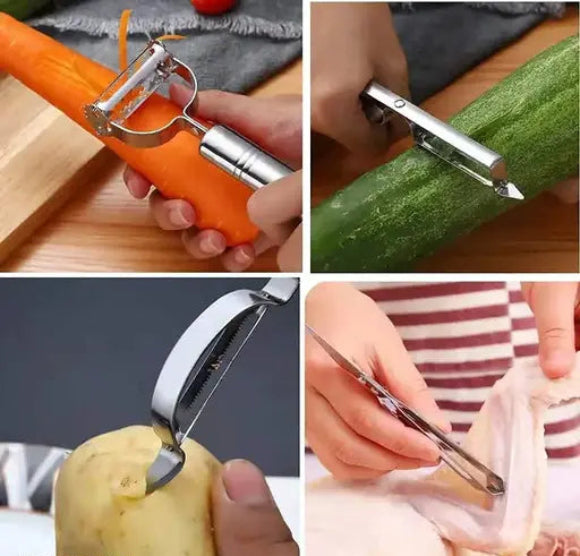 Multifunctional vegetable peeler being used on various vegetables and fruits.