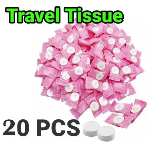 Pink travel tissues with white centers, labeled 'Travel Tissue' and '20 PCS' on a white background.