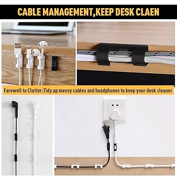 Cable management system with desk clamp and cable ties on a wooden surface.