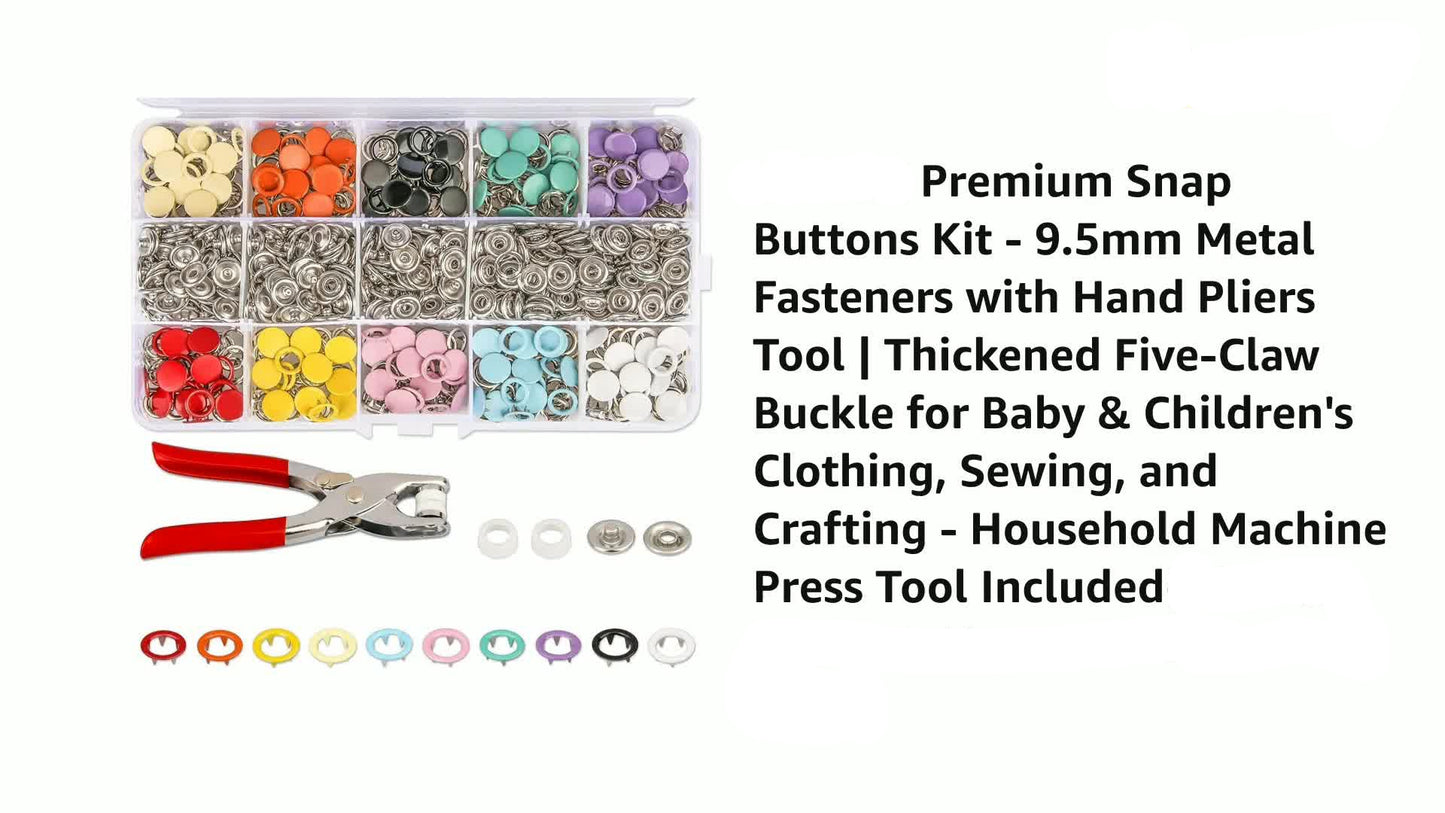 Premium Snap Buttons Kit with metal fasteners, pliers, and colourful buttons on a white background.