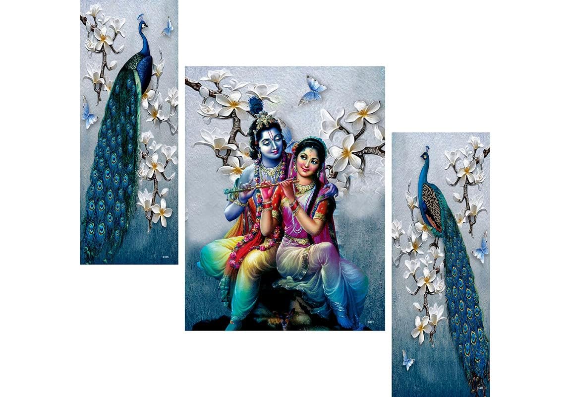 (Set of 3) Radha Krishna with Couple Peacock UV Textured Home Decorative Gift Item Self Adeshive Painting 18 Inch X 12 Inch