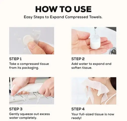 Instructions on how to expand compressed towels with step-by-step images.