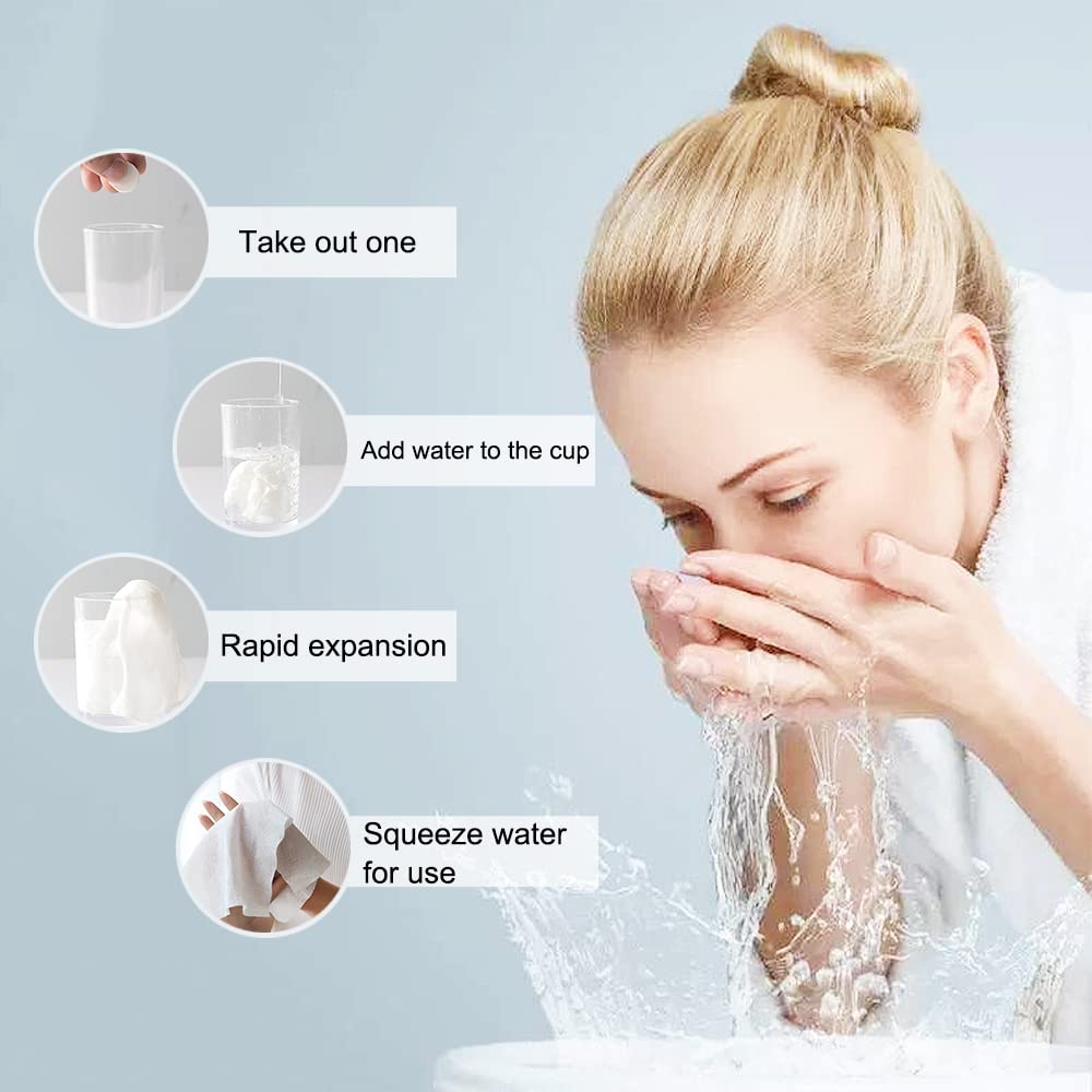 Woman using a product to wash her face with text instructions on a light blue background