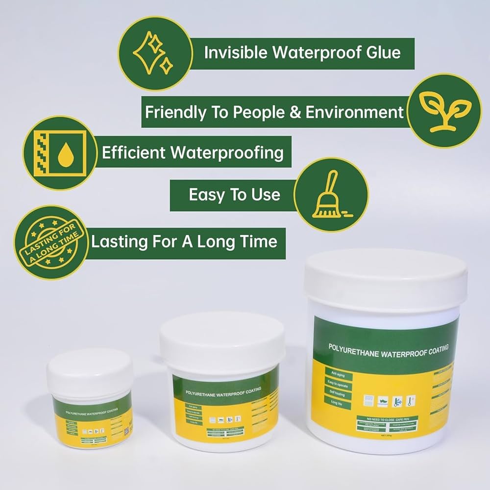 Polyurethane waterproof coating with visible product and feature text on a white background