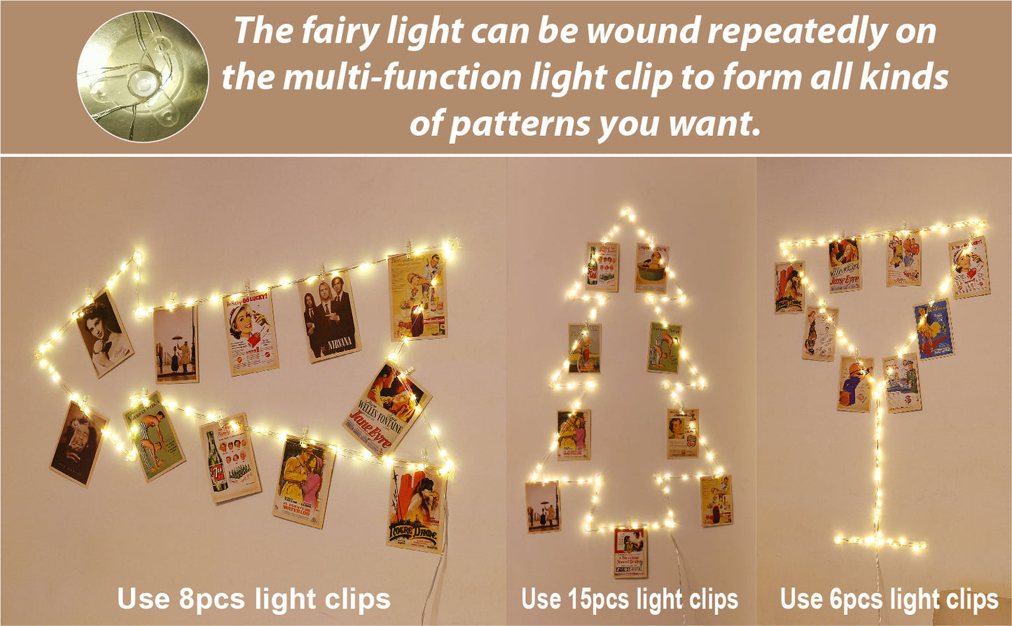 Decorative fairy lights arranged in various patterns on a wall with light clips.