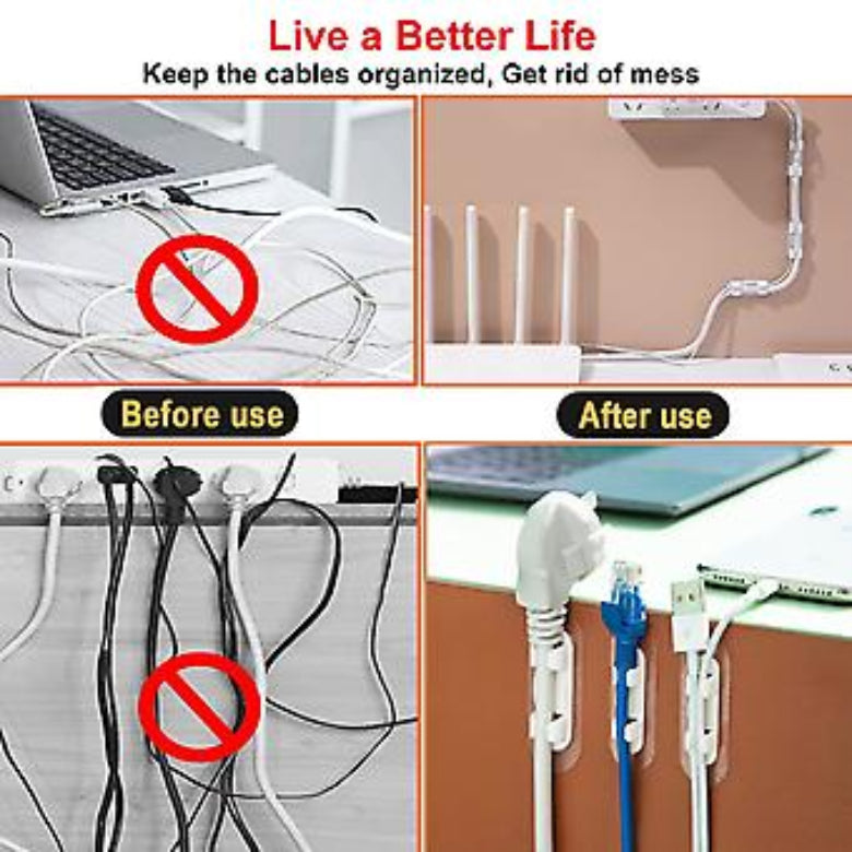Before and after comparison of cable management system with text 'Live a Better Life' and slogan.