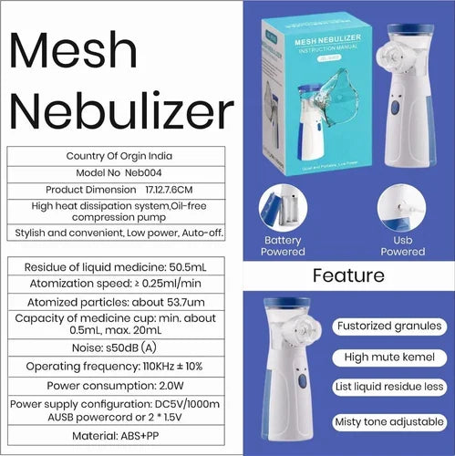 Mesh Nebulizer with packaging and specifications on a blue background