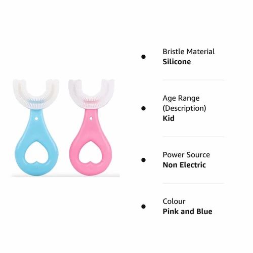 Two children's toothbrushes, one pink and one blue, on a white background with product details.