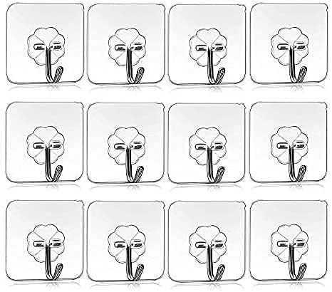 Set of 16 clear hooks with black illustrations on a white background