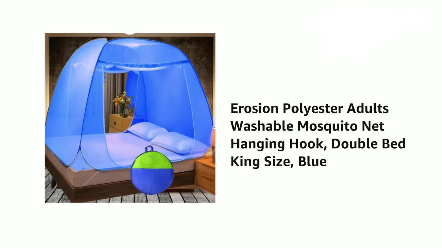 Blue mosquito net for double bed with hanging hook on a white background