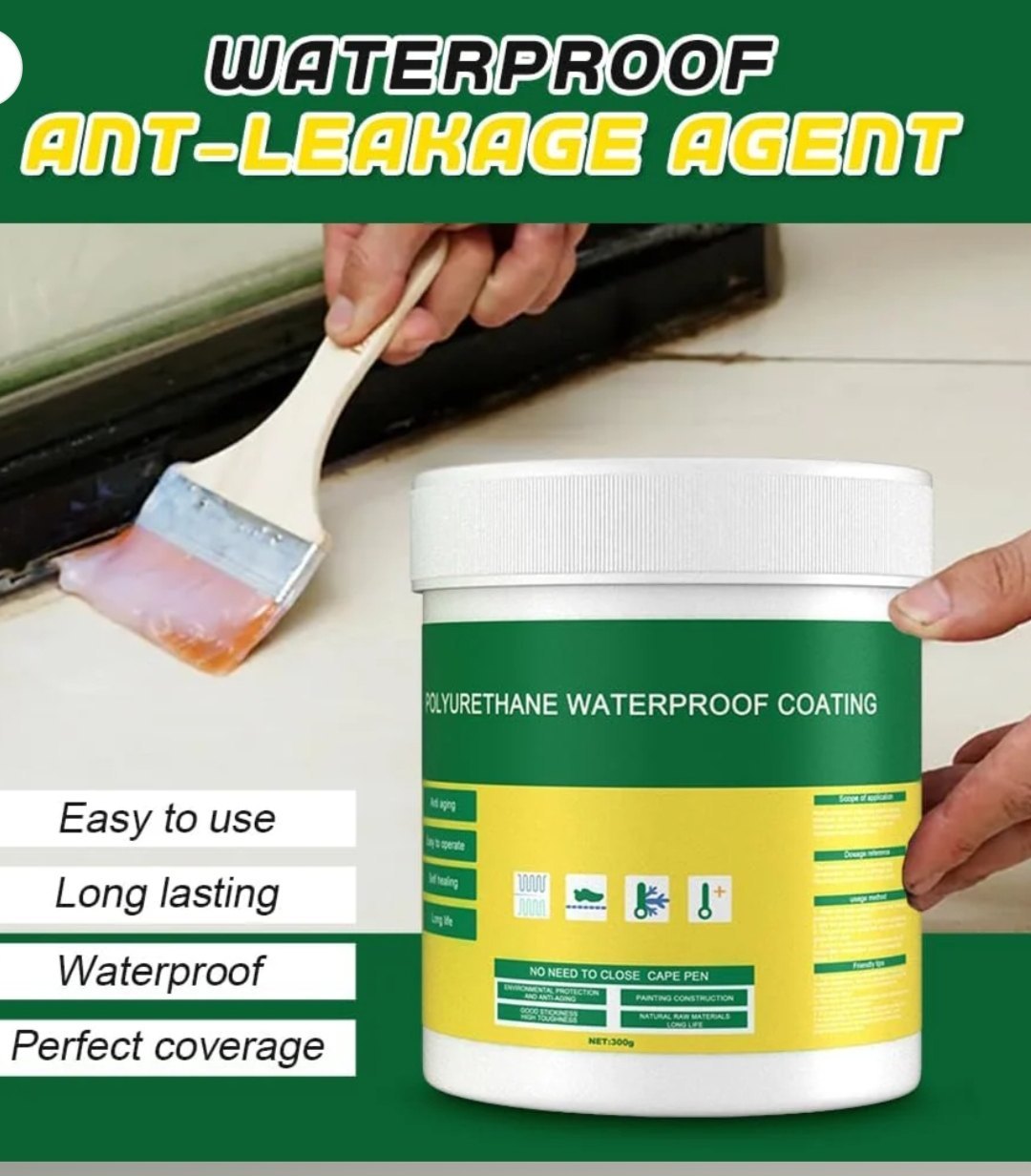 Container of polyurethane waterproof coating with a brush and text highlighting features.
