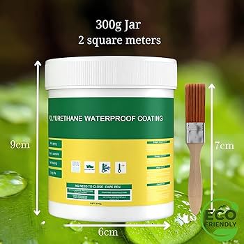 300g jar of polyurethane waterproof coating with dimensions and a brush on a green leaf background.