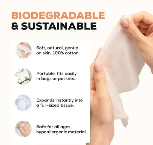 Biodegradable and sustainable tissue product with text and hand holding tissue.