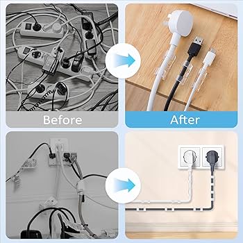 Before and after comparison of organized and cluttered cable management on a wooden surface.