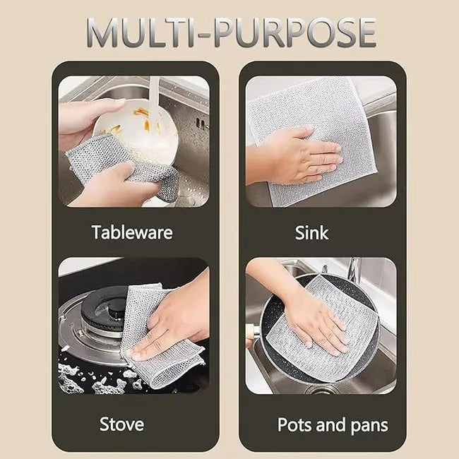 Multifunctional cleaning cloth being used on tableware, sink, stove, and pots and pans with text 'Multi-Purpose' above.