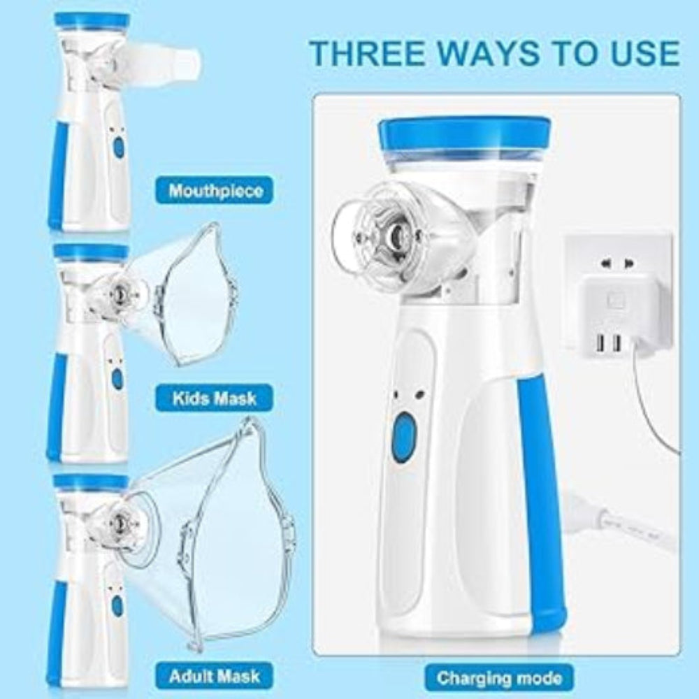 Inhaler device with attachments and charging mode on a blue background