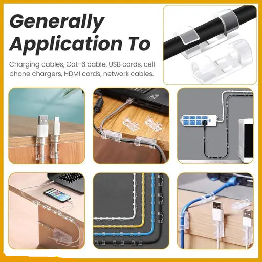 Collage of cable management products with text on application.