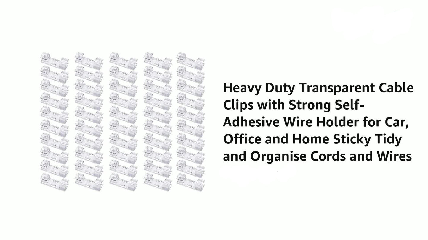 Heavy-duty transparent cable clips with self-adhesive wire holder on a white background