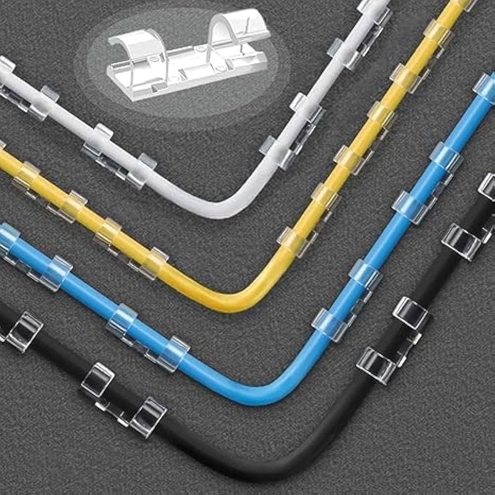 Set of colorful cable ties on a gray surface with close-up inset showing a single cable tie.