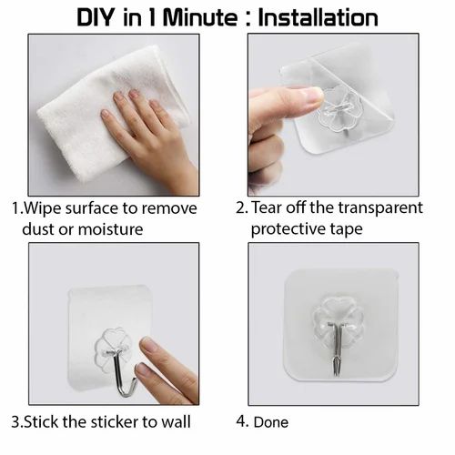 Step-by-step installation guide for wall hooks with text instructions.