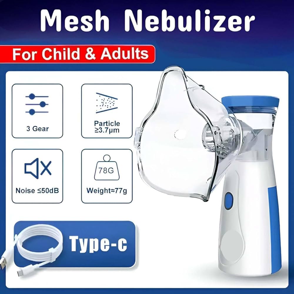Mesh Nebulizer for Child & Adults with features listed on a blue background