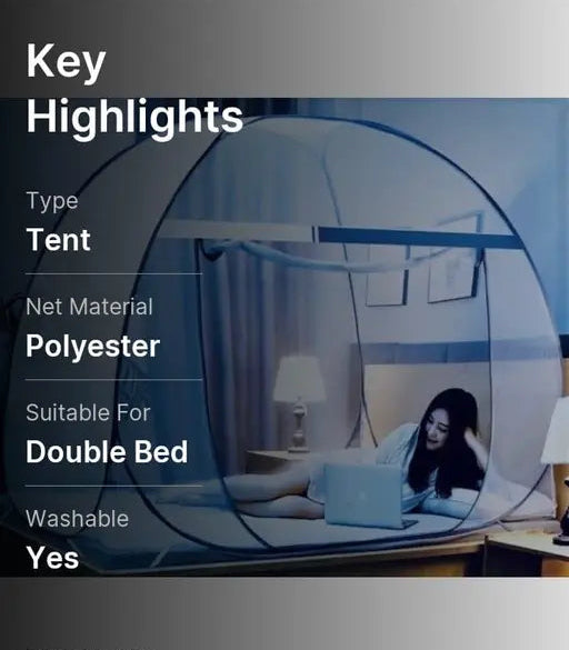 Tent for double bed with a woman using a laptop inside, featuring key highlights text.