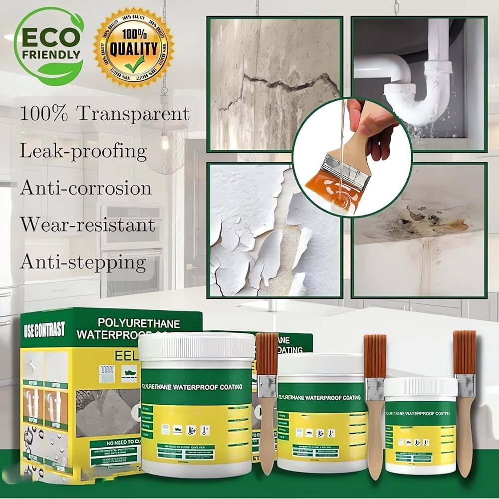 Polyurethane waterproof coating with application tools and features listed on a green background