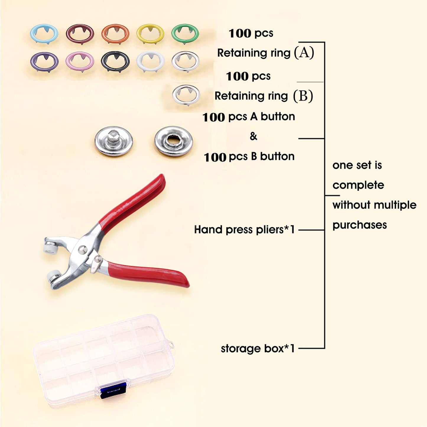 Set of buttons, pliers, and a storage box on a beige background