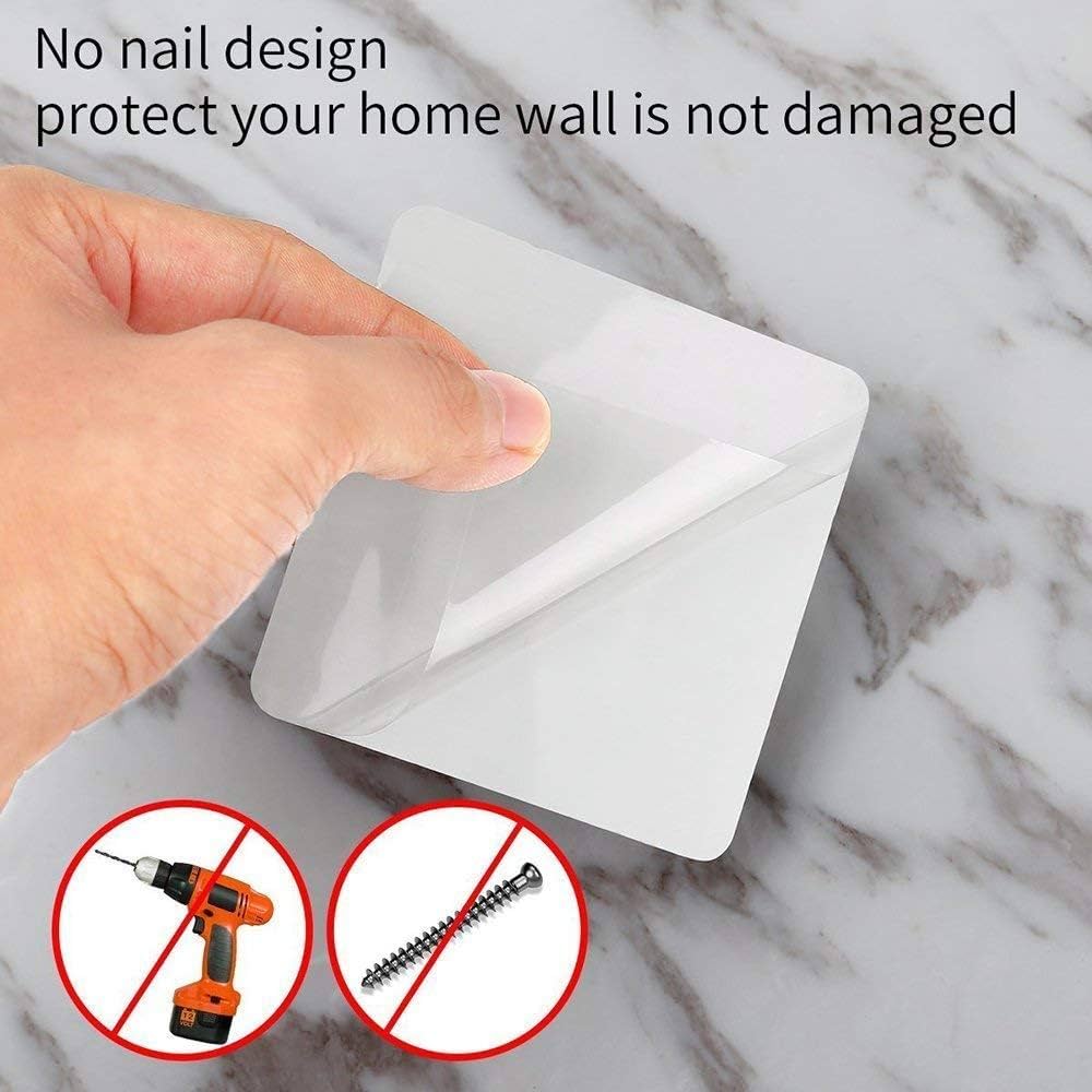 Hand holding a white corner protector with text and icons indicating no drilling or screwing required.
