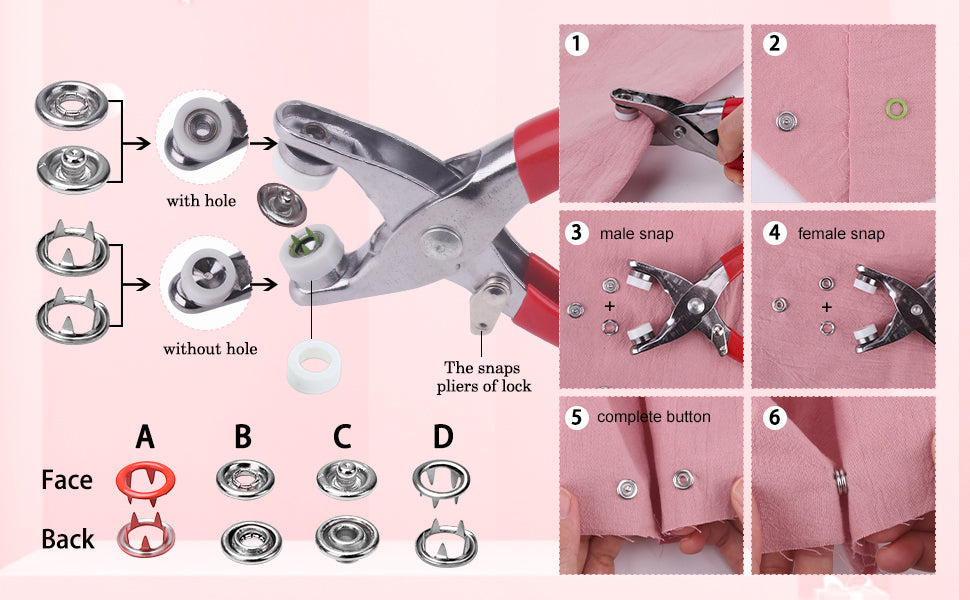 Instructions on how to use snap buttons with pliers on a pink background