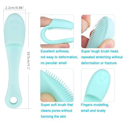 Light blue baby brush with text on its features and dimensions