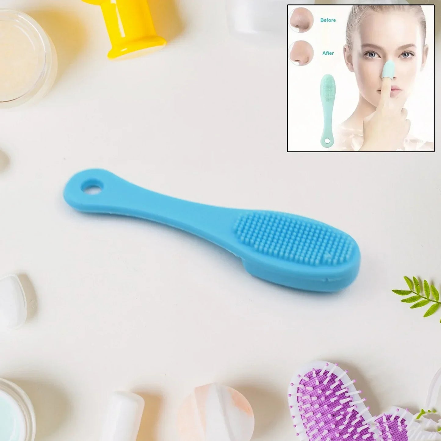 Blue scrubber on a white surface with inset showing before and after effect on skin.