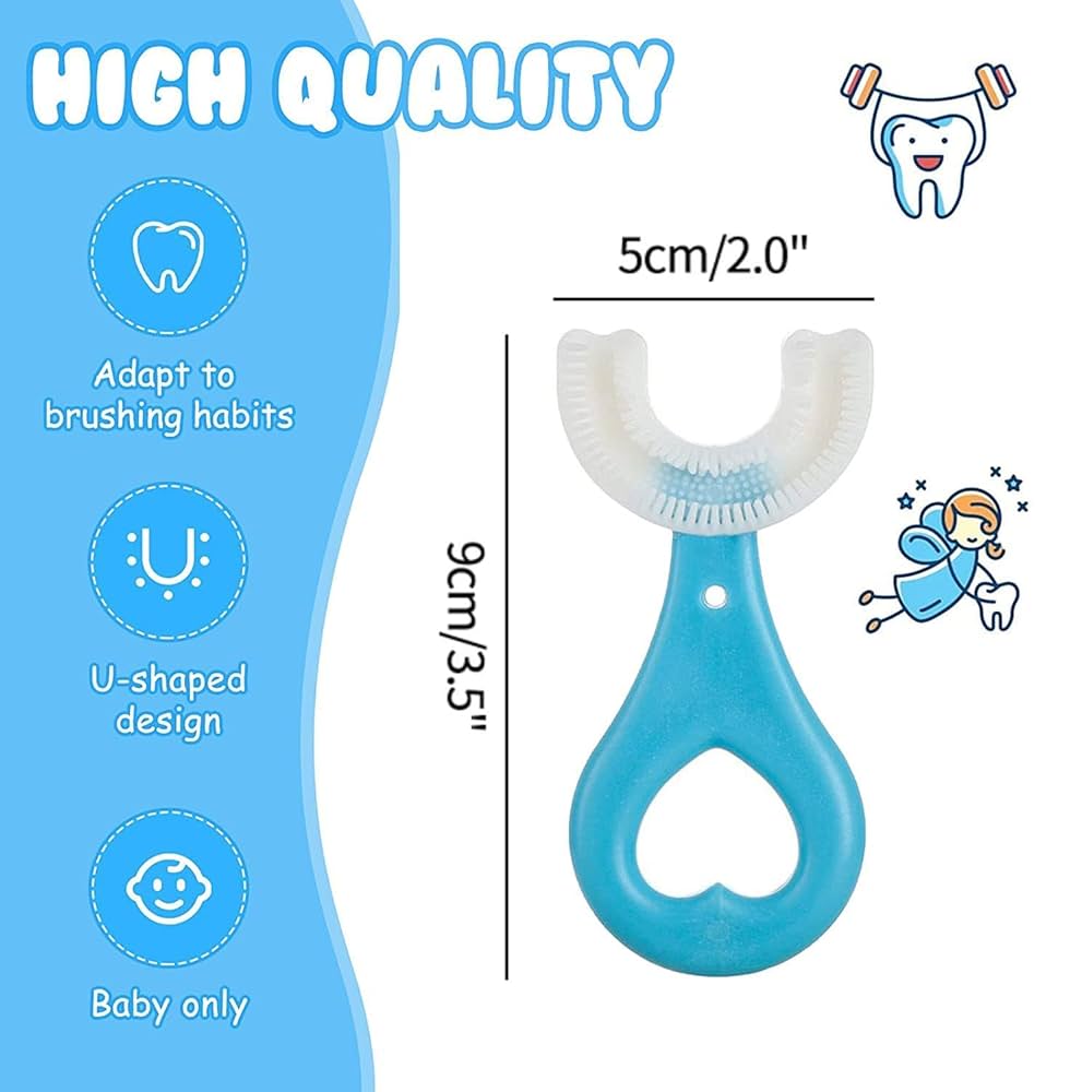 Blue U-shaped toothbrush for babies with measurements and features on a blue and white background