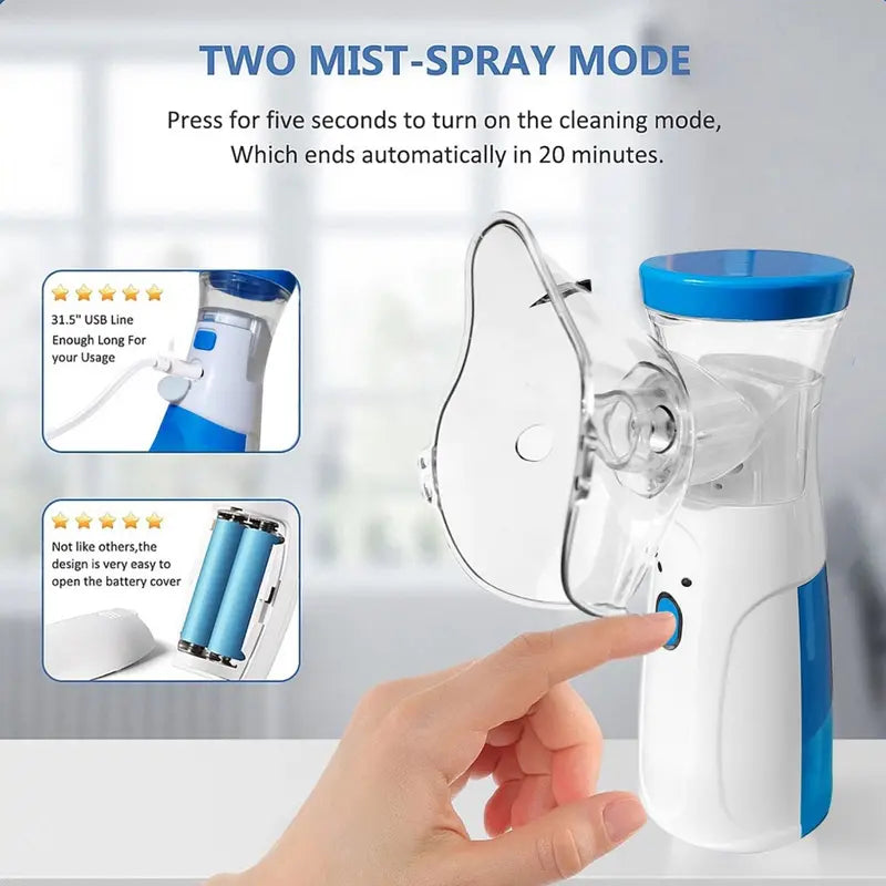 Hand holding a blue and white handheld device with text about mist spray mode and features.
