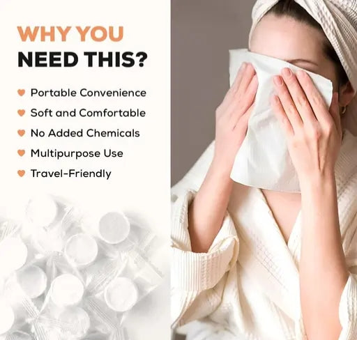 Person using a facial wipe with text highlighting benefits on the left side.