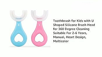 Two children's toothbrushes, one blue and one pink, with U-shaped silicone brush heads on a white background.