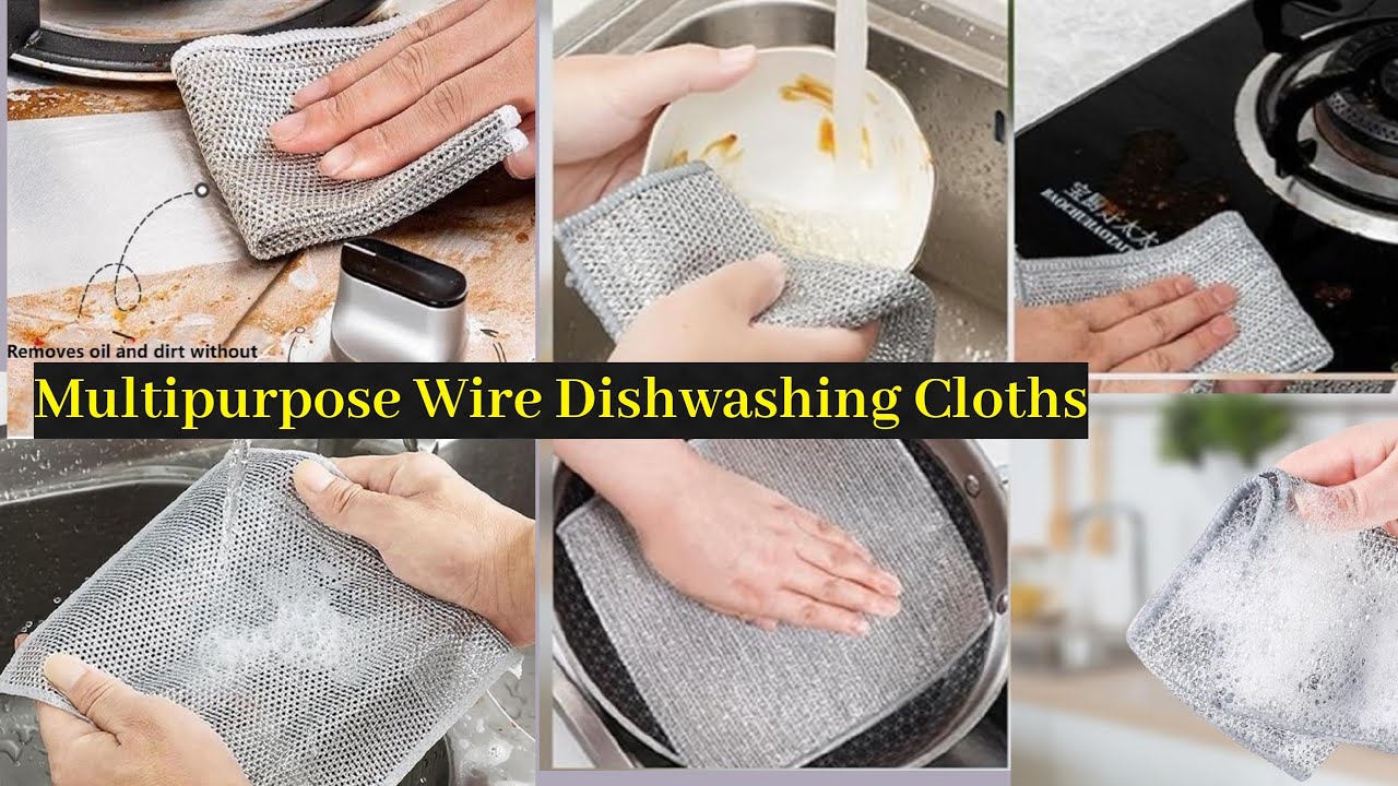 Collage of multipurpose wire dishwashing cloths in use around a kitchen.