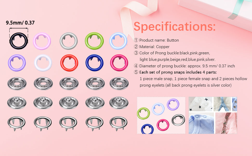 Button specifications with color options on a pink background