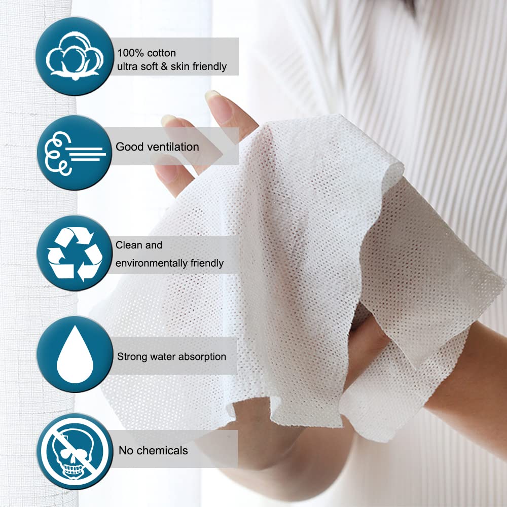 White towel held by a person with sustainability icons and text on a white background