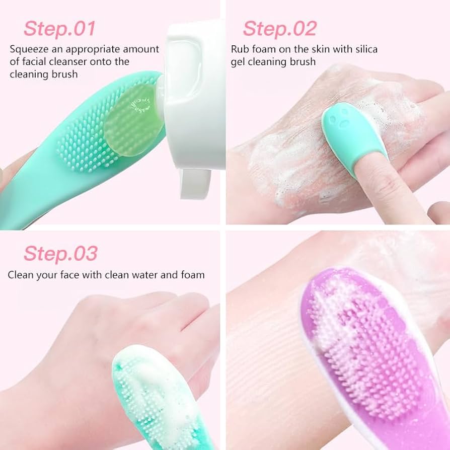 Step-by-step guide on using a facial cleansing brush with text instructions.