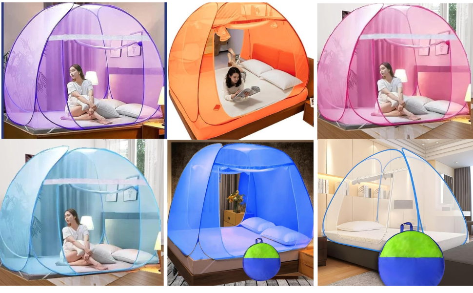 Collage of six images showing a portable bed tent in various colors with a person inside.