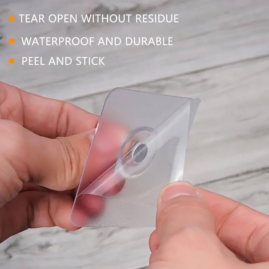 Clear adhesive patch being peeled from a backing sheet with text highlighting features.