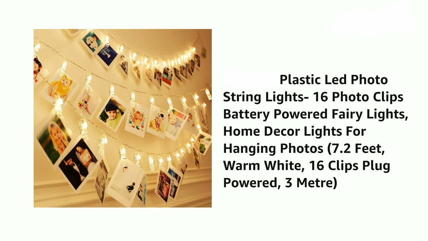 plastic LED photo string lights with photo clips on a white background