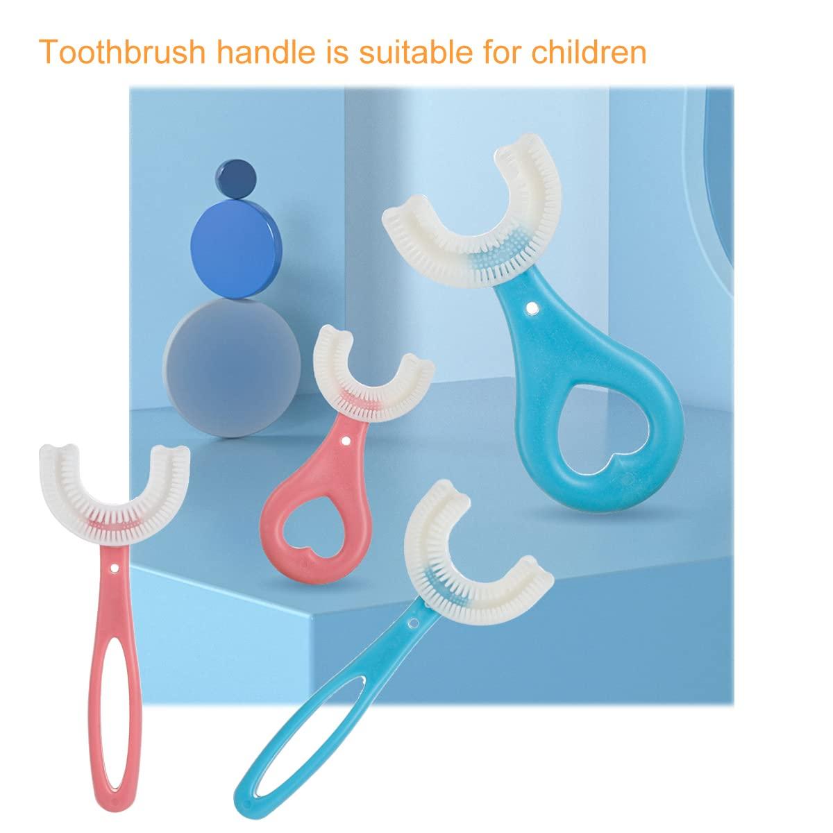 Three colorful toothbrush handles on a blue background with text indicating suitability for children.